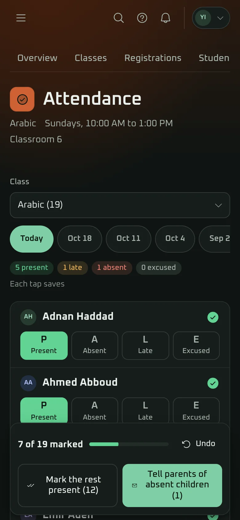 Weekend school attendance on a phone in the Ahsan demo: each student marked present, absent, late or excused with one tap, and a button to tell the parents of absent children.