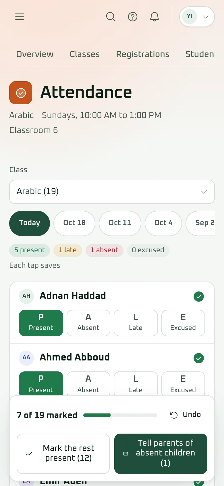 Weekend school attendance on a phone in the Ahsan demo: each student marked present, absent, late or excused with one tap, and a button to tell the parents of absent children.