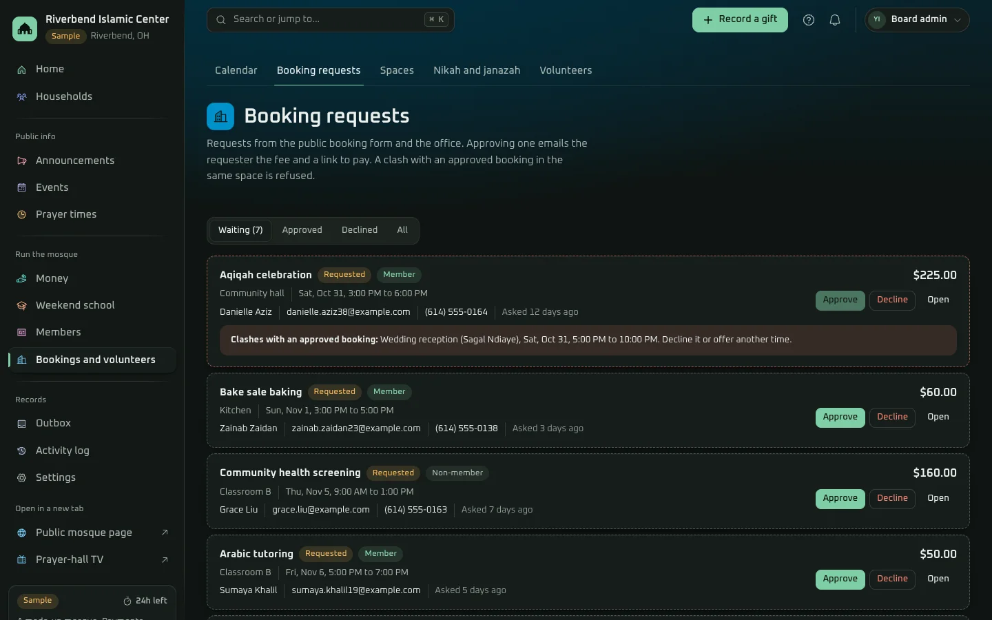Booking requests in the demo, each waiting for a decision with its space, time, requester and fee, and one that clashes with an approved booking in the same space.