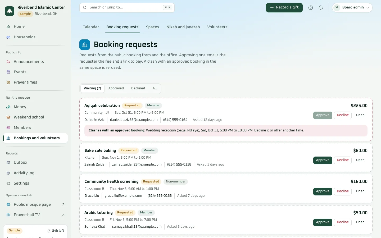 Booking requests in the demo, each waiting for a decision with its space, time, requester and fee, and one that clashes with an approved booking in the same space.