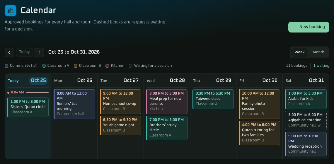 A week of hall and room bookings in the Ahsan demo, with requests waiting for a decision drawn dashed.