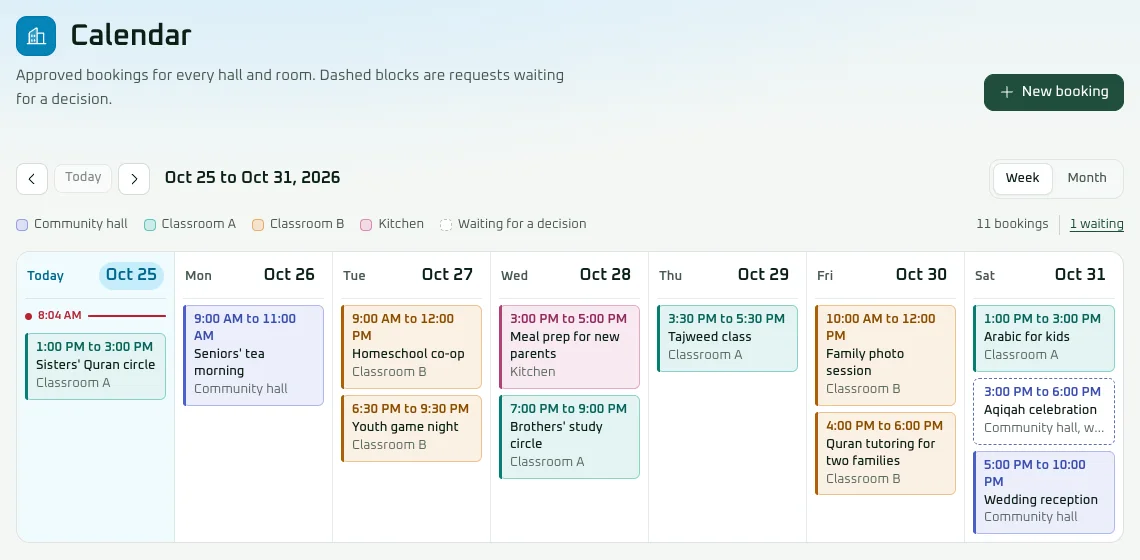 A week of hall and room bookings in the Ahsan demo, with requests waiting for a decision drawn dashed.