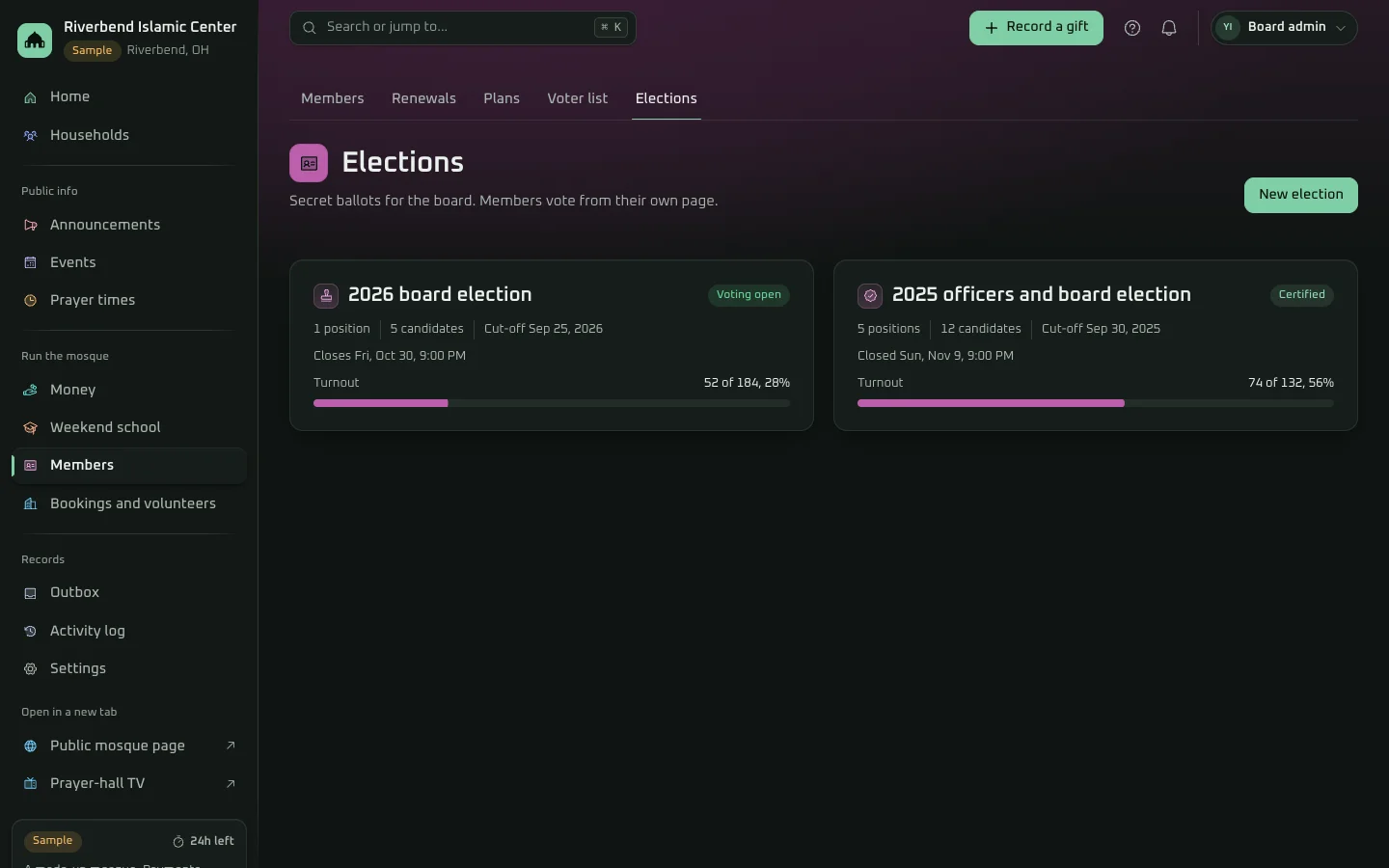 The demo's elections: the 2026 board election open for voting with its turnout so far, and last year's officers and board election, certified.