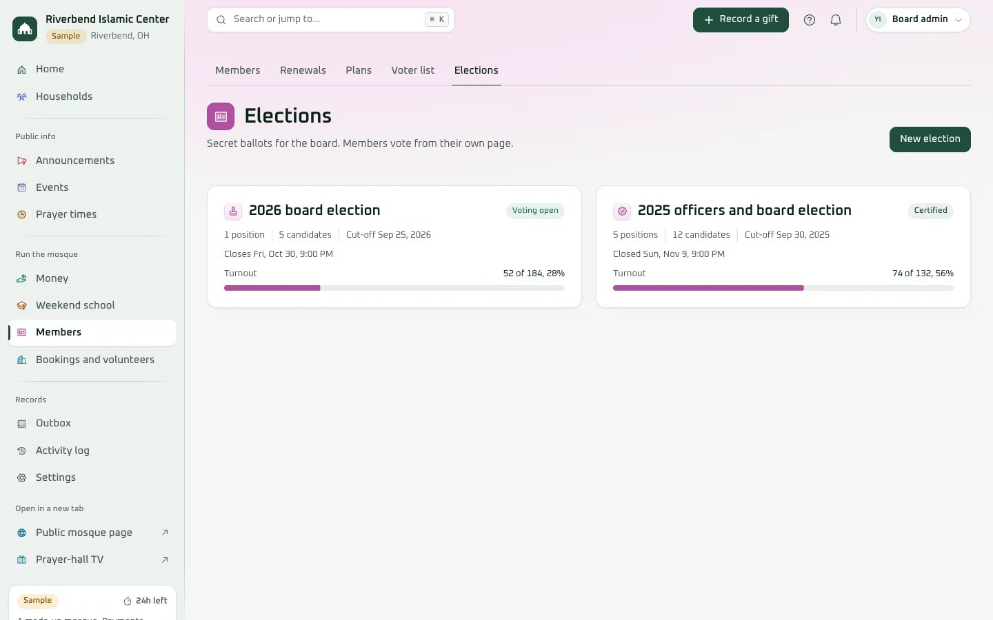 The demo's elections: the 2026 board election open for voting with its turnout so far, and last year's officers and board election, certified.