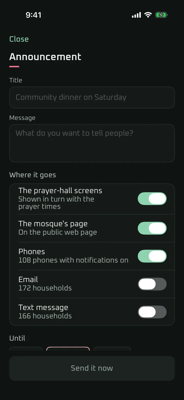 Writing an announcement once in the Ahsan iPhone app, for the prayer-hall screen and the mosque's public page.
