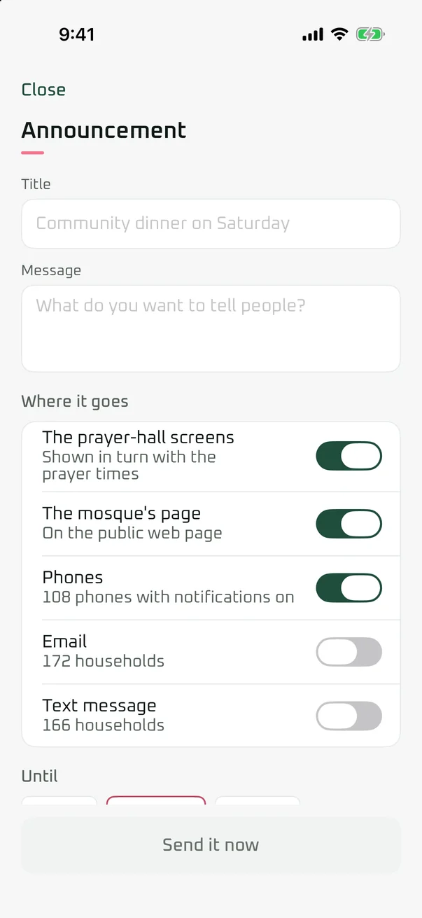 Writing an announcement once in the Ahsan iPhone app, for the prayer-hall screen and the mosque's public page.