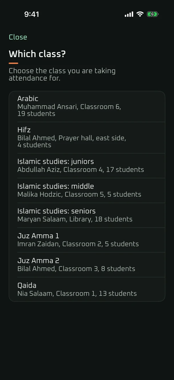 Taking a weekend school class's register in the Ahsan iPhone app: one tap per student, present, late, absent or on leave.