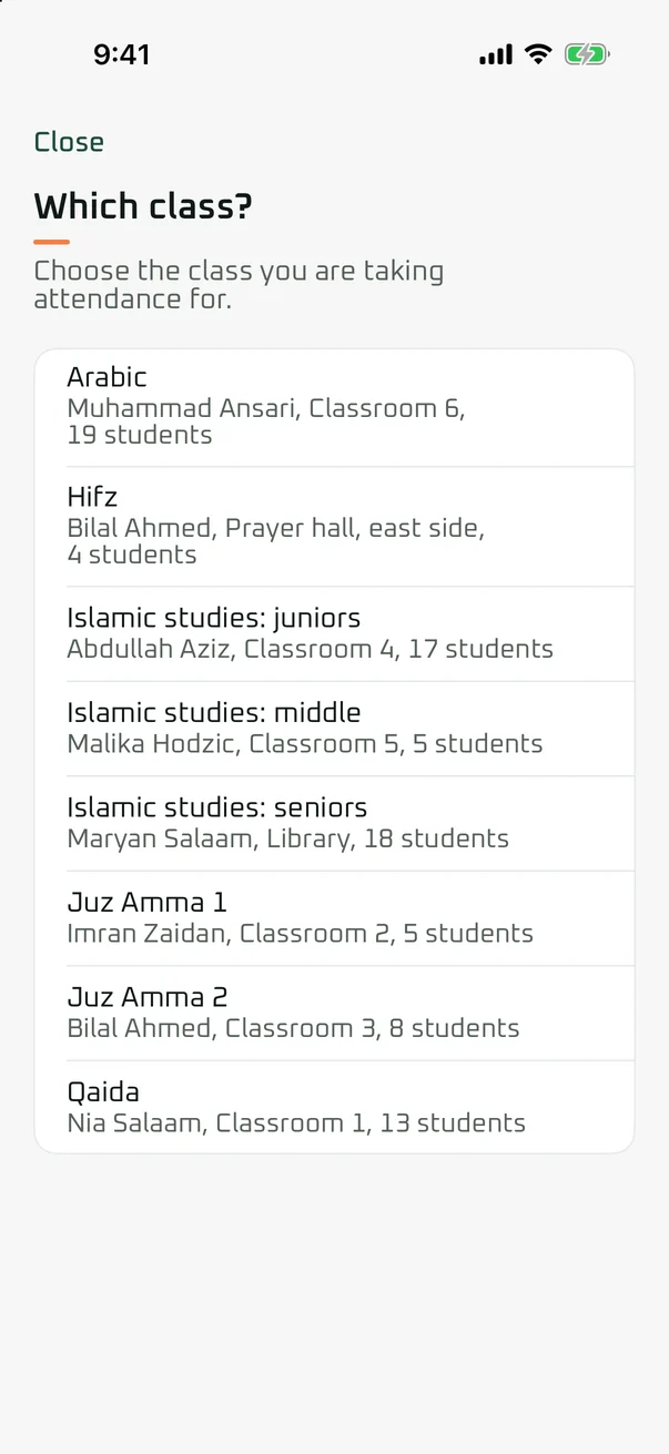 Taking a weekend school class's register in the Ahsan iPhone app: one tap per student, present, late, absent or on leave.