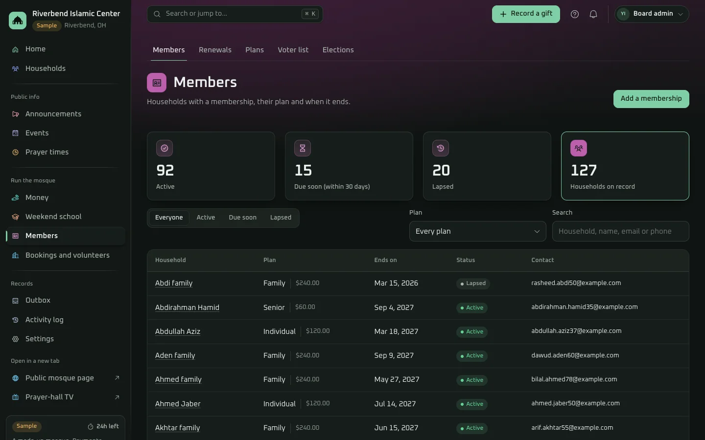 Members in the demo: households with a membership, their plan, when it ends and whether it's active, due soon or lapsed.