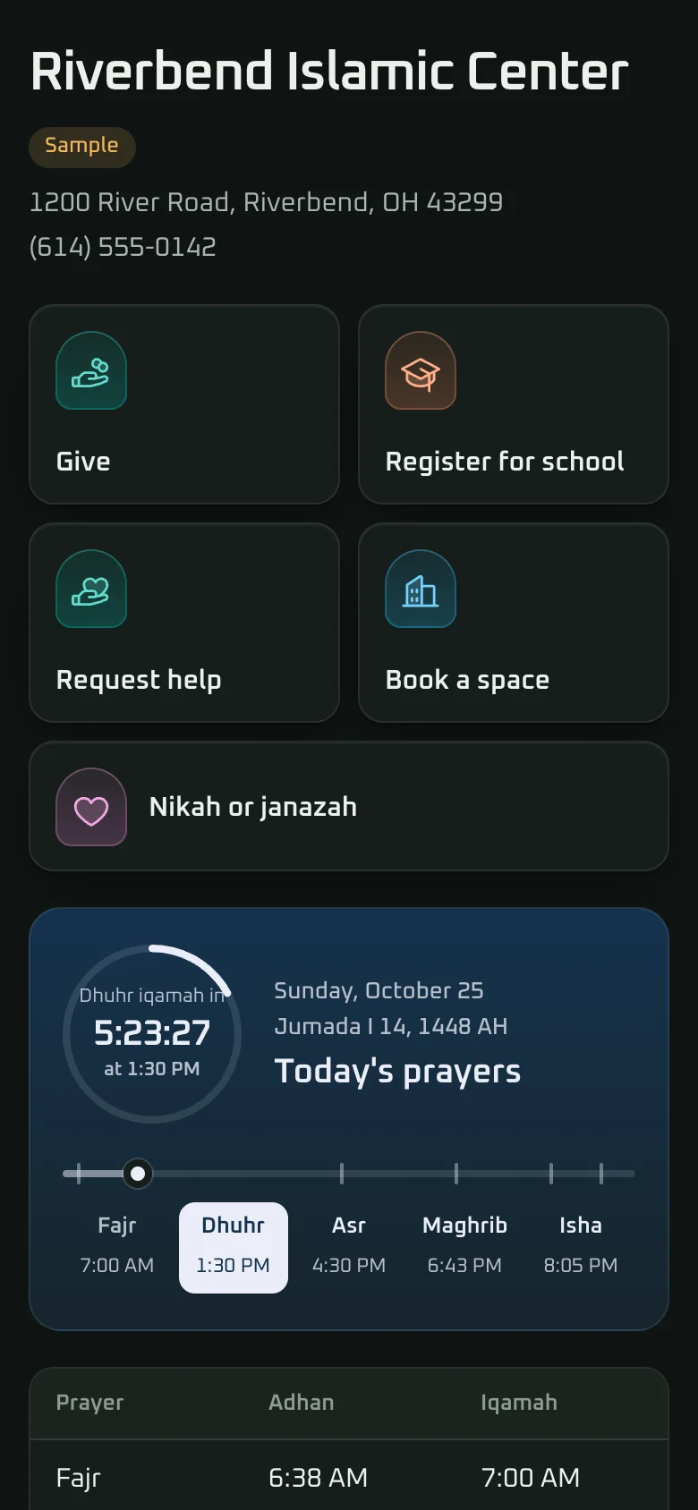 The sample mosque's public page on a phone, with buttons to give, register for school, request help, book a space and send a nikah or janazah request, above today's prayer times.
