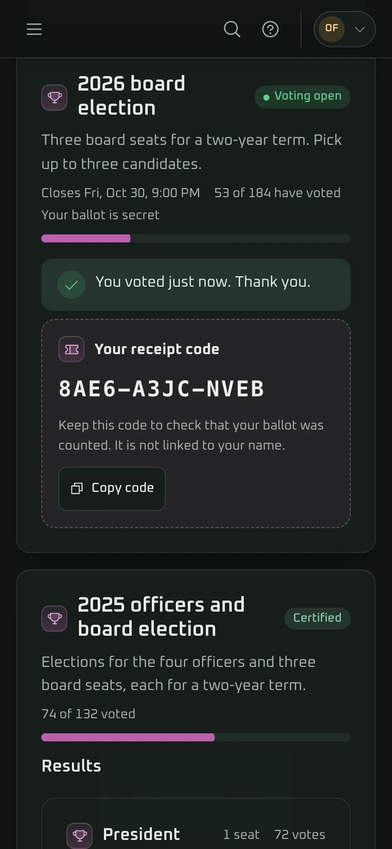 A voter's receipt code on a phone after voting in the Ahsan demo, with a note that the code isn't linked to the voter's name.