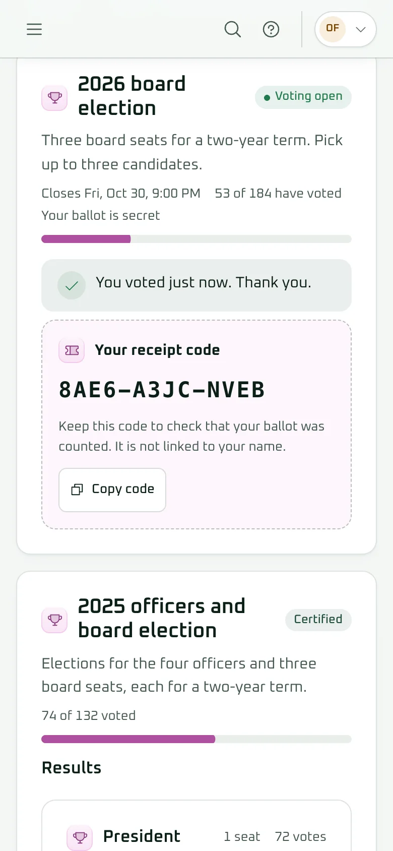 A voter's receipt code on a phone after voting in the Ahsan demo, with a note that the code isn't linked to the voter's name.