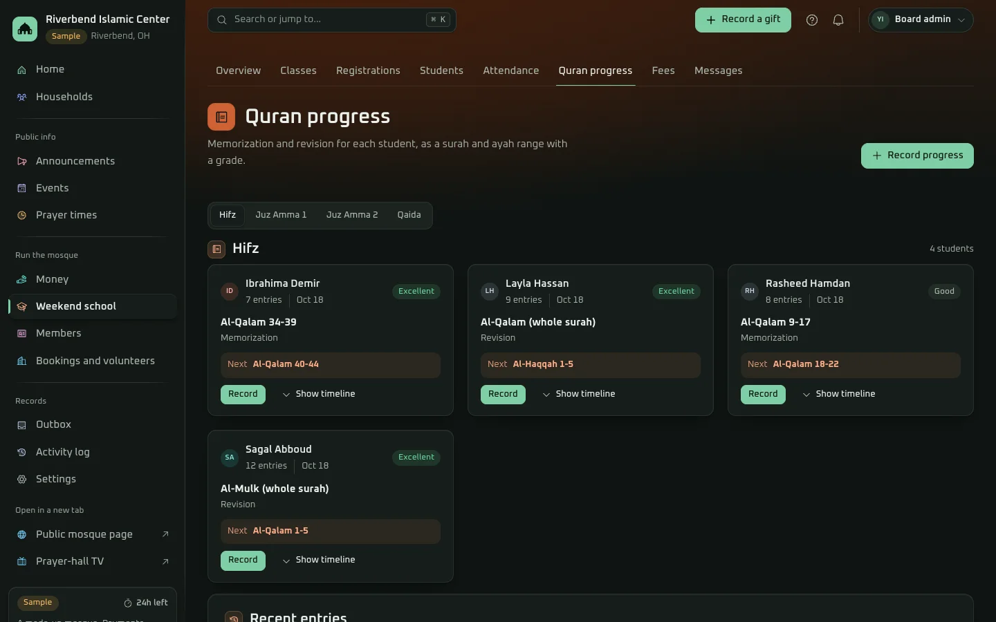 Quran progress in the demo's weekend school: each student's latest entry by surah and ayah, memorization or revision, with a grade and the next lesson.