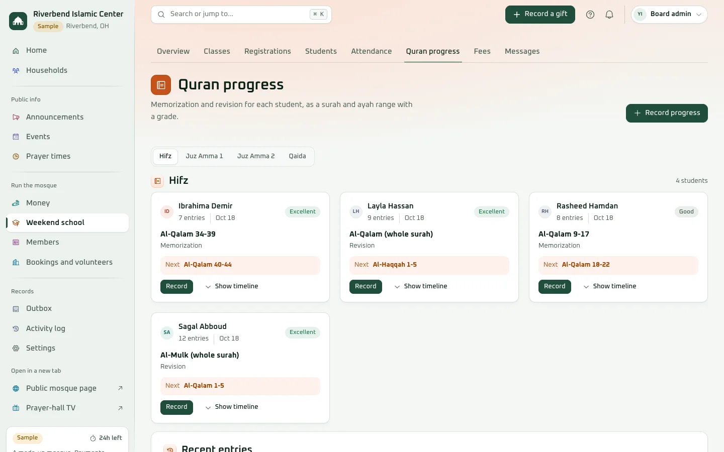 Quran progress in the demo's weekend school: each student's latest entry by surah and ayah, memorization or revision, with a grade and the next lesson.