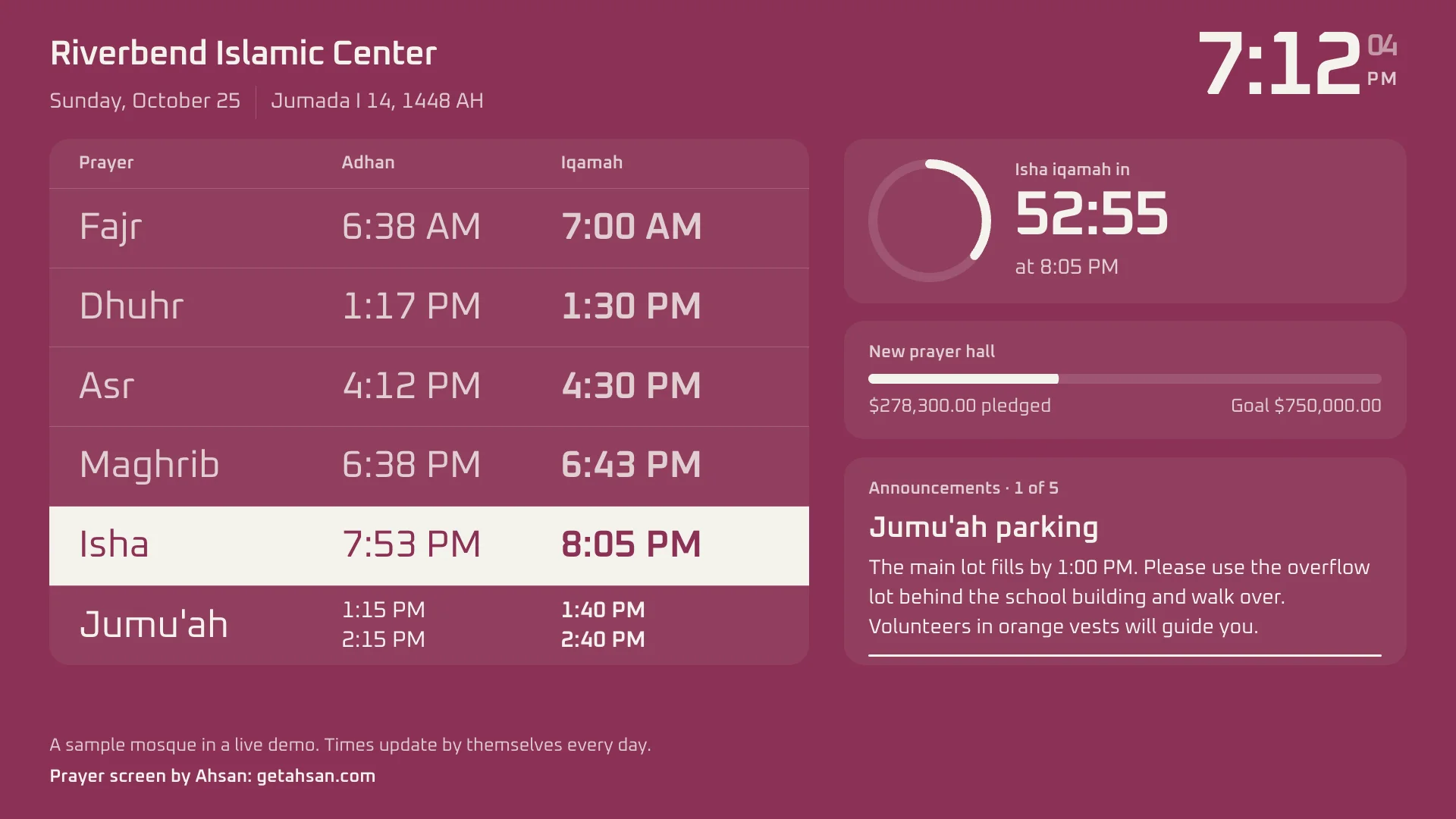 The prayer-hall TV screen at dusk, in the Ahsan demo: the day's adhan and iqamah times on a plum screen, counting down to the Isha iqamah, with Jumu'ah sessions and the building campaign.