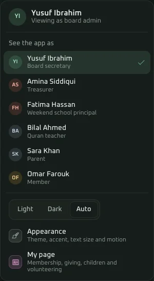 The demo's View as menu: the sample mosque's board secretary, treasurer, weekend school principal, Quran teacher, a parent and a member, each with their own screens.