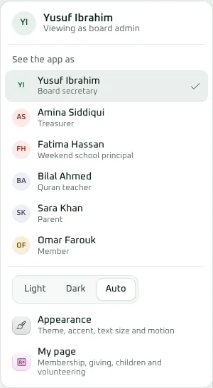 The demo's View as menu: the sample mosque's board secretary, treasurer, weekend school principal, Quran teacher, a parent and a member, each with their own screens.