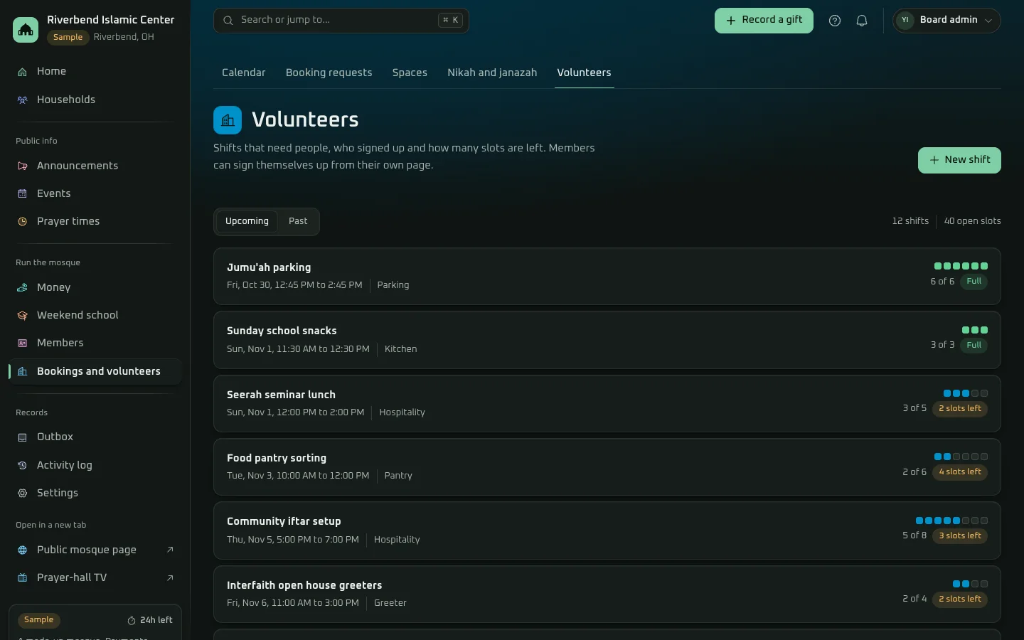 Volunteer shifts in the Ahsan demo, each with who signed up and how many slots are left.