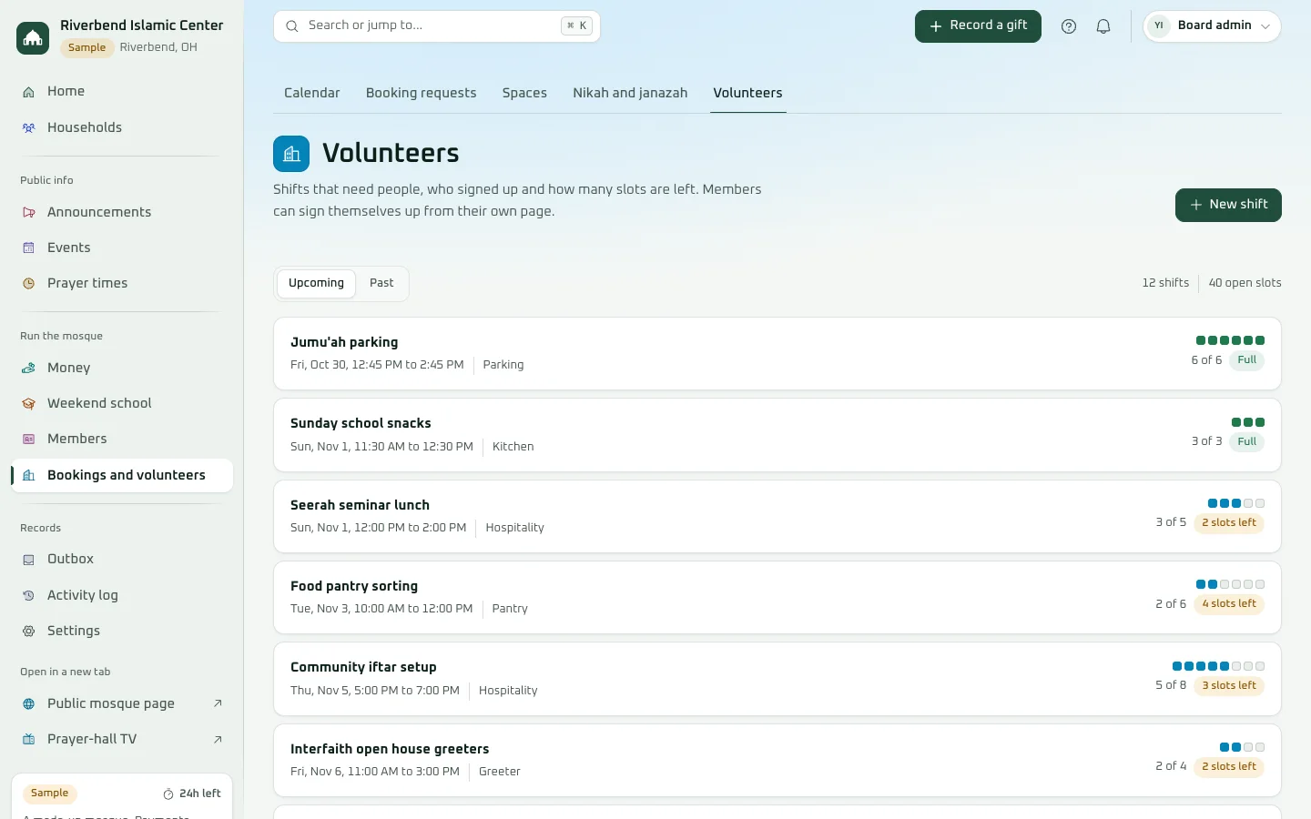 Volunteer shifts in the Ahsan demo, each with who signed up and how many slots are left.